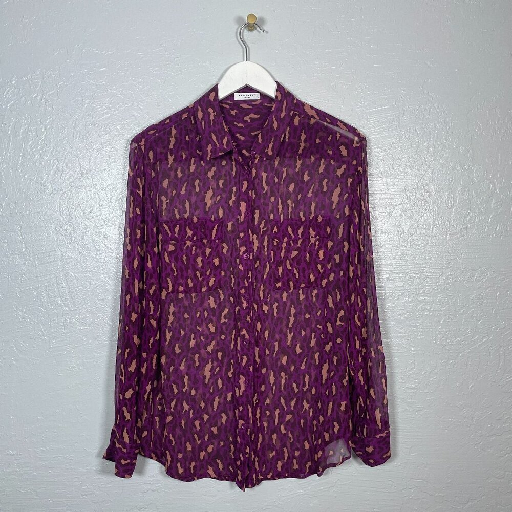 Equipment Femme Women L Purple Tan Animal Print Blouse Silk Sheer Button Front